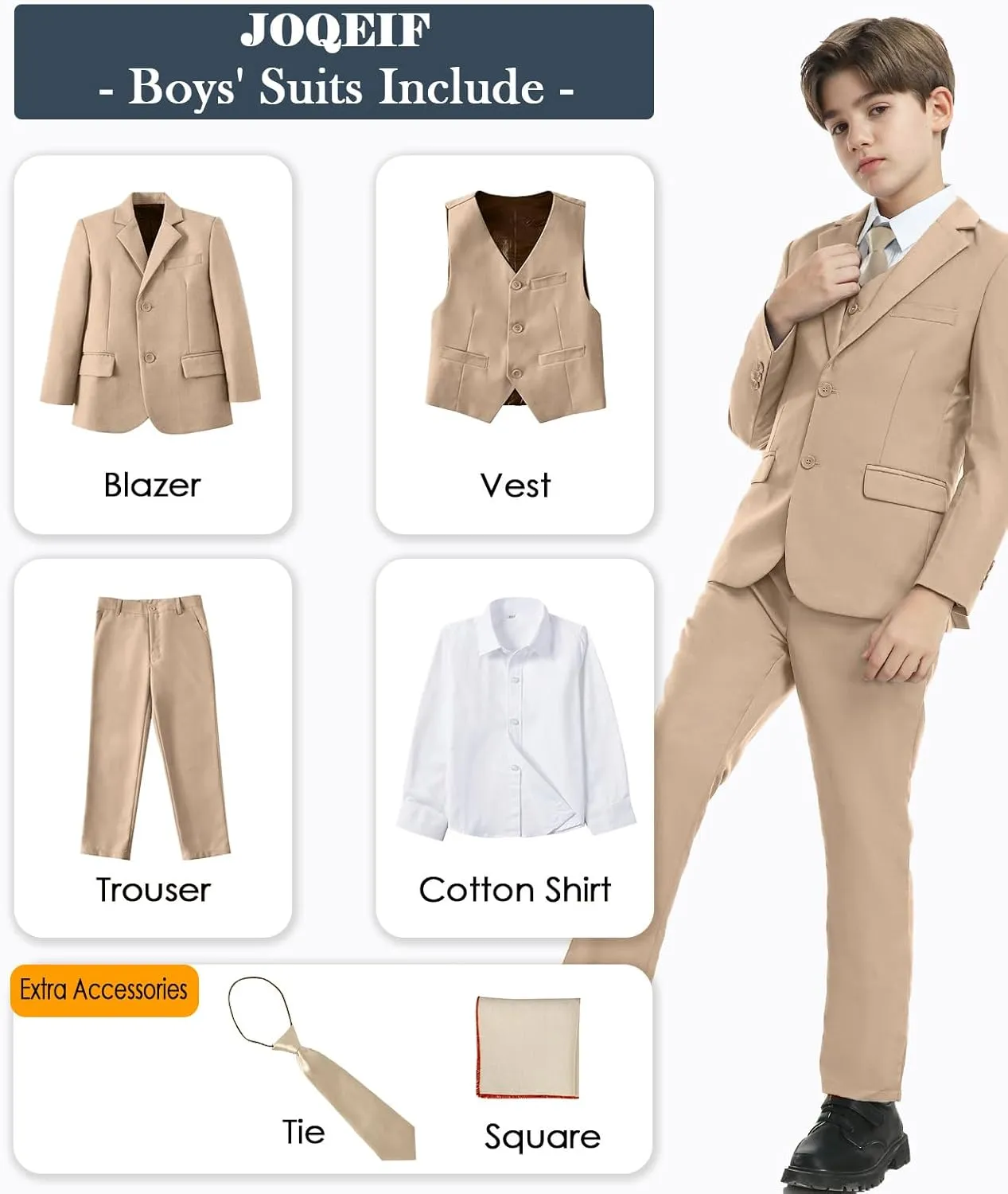 Boys Formal Suit Set with Dress Shirt Tie and Pocket Square, Adjustable Waist