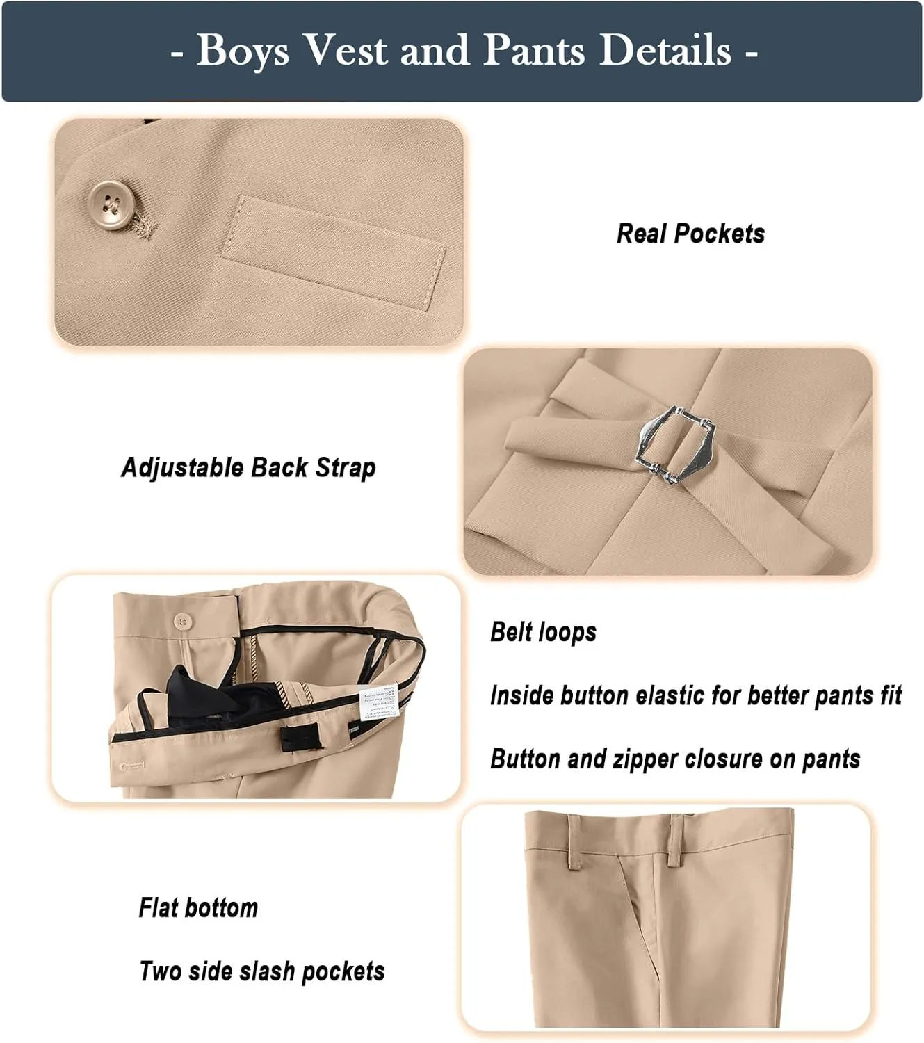 Boys Formal Suit Set with Dress Shirt Tie and Pocket Square, Adjustable Waist
