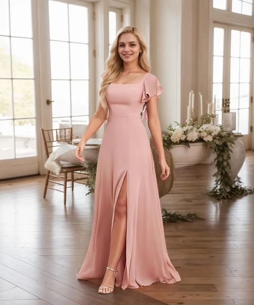 Bridesmaid Dresses Long for Women with Sleeves A Line Evening Formal Party Dress with Slit