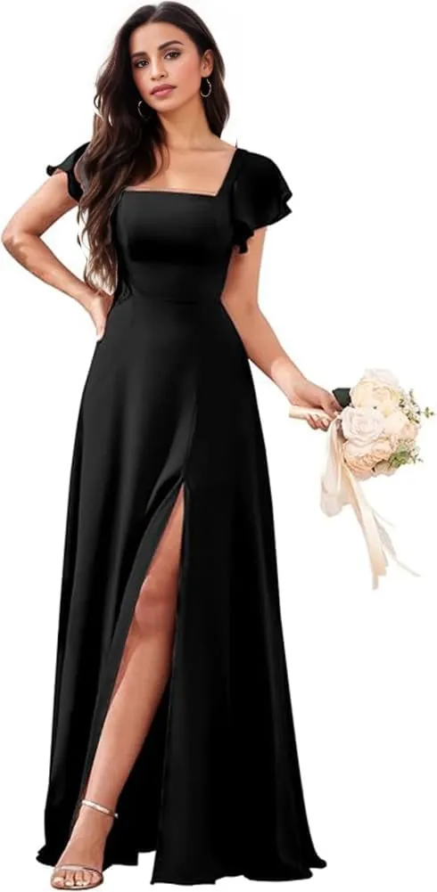 Bridesmaid Dresses Long for Women with Sleeves A Line Evening Formal Party Dress with Slit