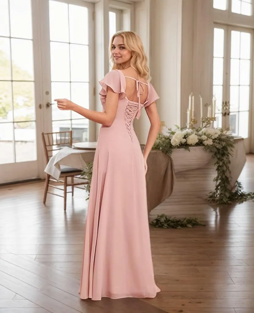 Bridesmaid Dresses Long for Women with Sleeves A Line Evening Formal Party Dress with Slit
