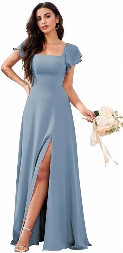 Bridesmaid Dresses Long for Women with Sleeves A Line Evening Formal Party Dress with Slit