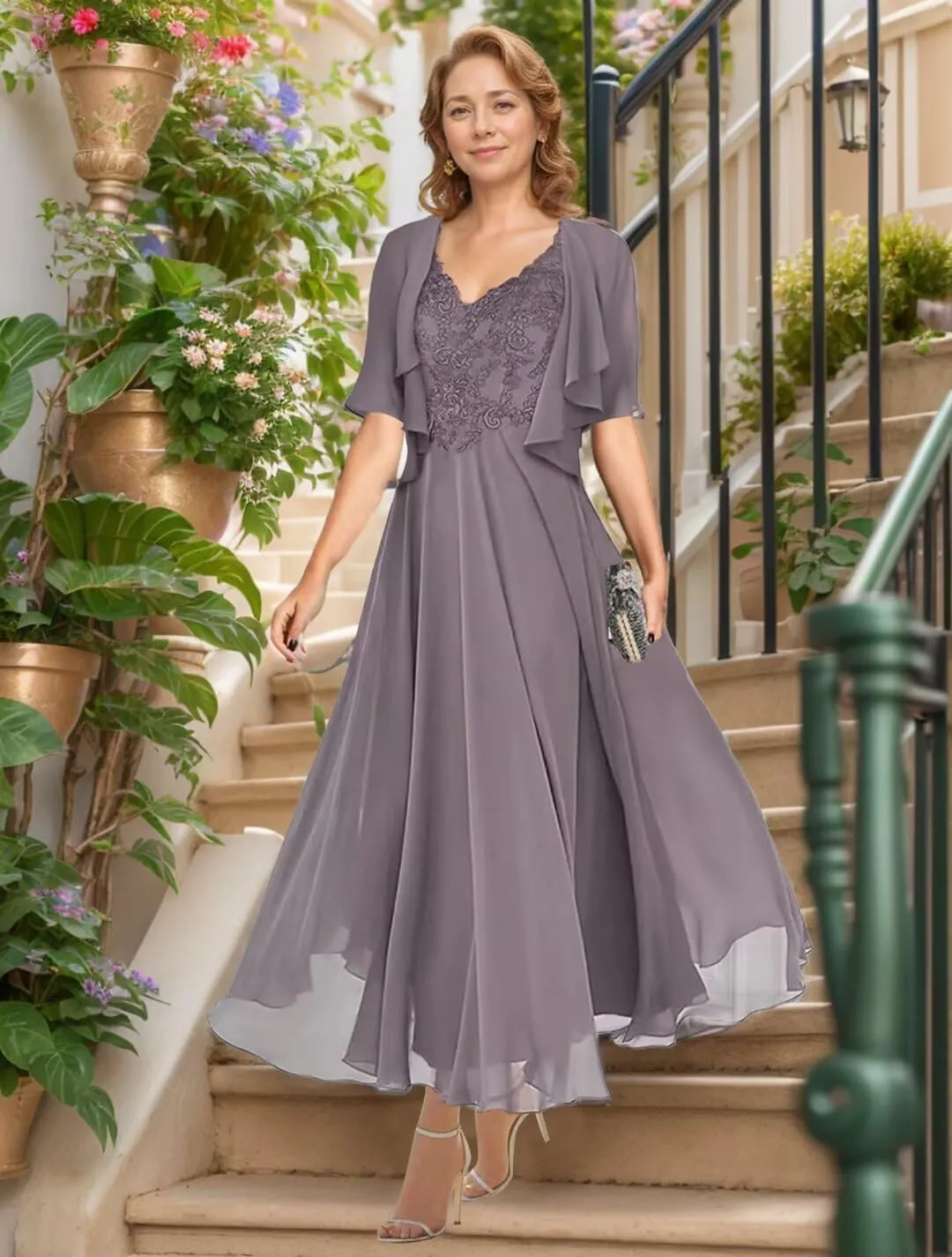 Cadoly Mother of The Bride Dresses for Wedding 2025 Tea Length Chiffon Lace Applique 2 Pieces Formal Dresses for Women
