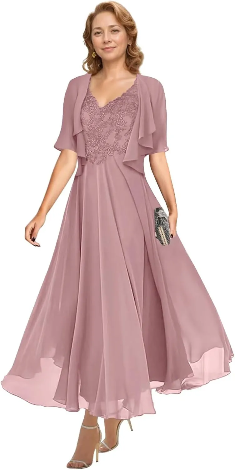 Cadoly Mother of The Bride Dresses for Wedding 2025 Tea Length Chiffon Lace Applique 2 Pieces Formal Dresses for Women