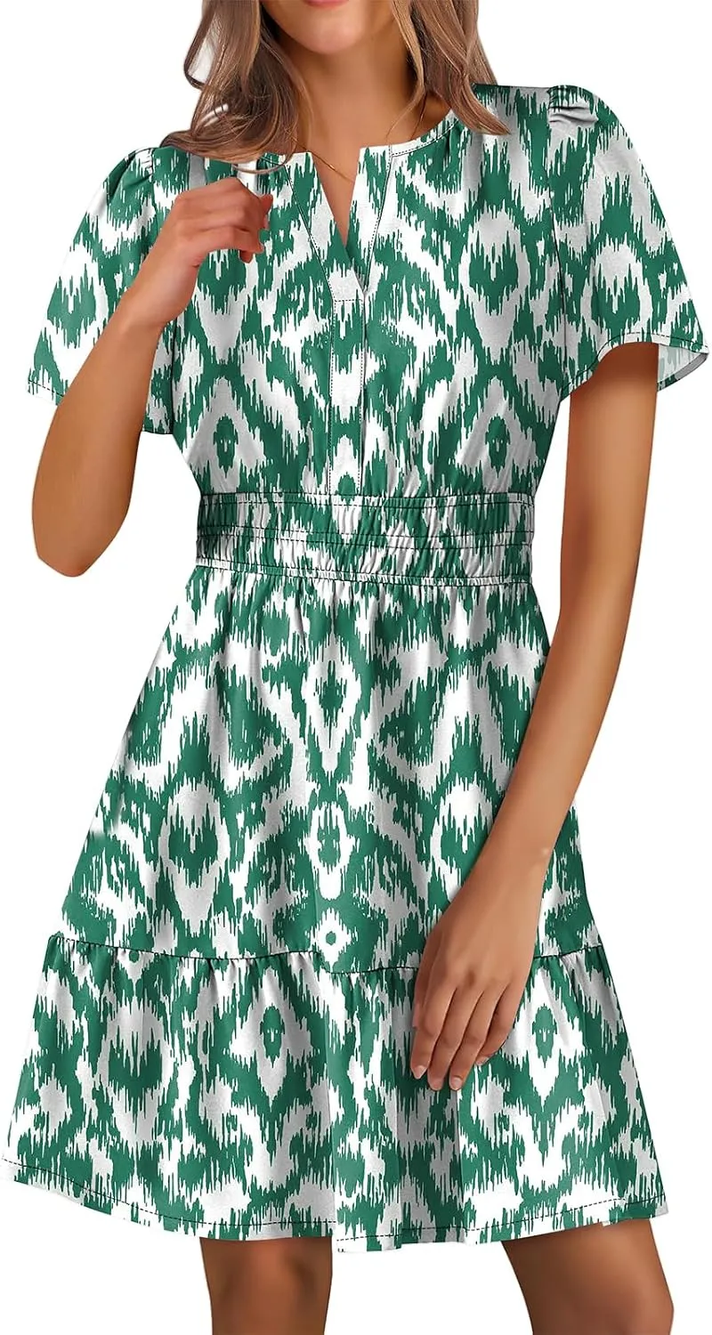 Casual Summer Dresses for Women 2025 Short Sleeve V Neck Beach Mini A-Line Ruffle Flowy Dress Dressy Work Sundress