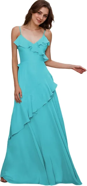 Chiffon Bridesmaid Dresses for Wedding 2025 Long Ruffles Spaghetti Straps Formal Dress 2025 LU134