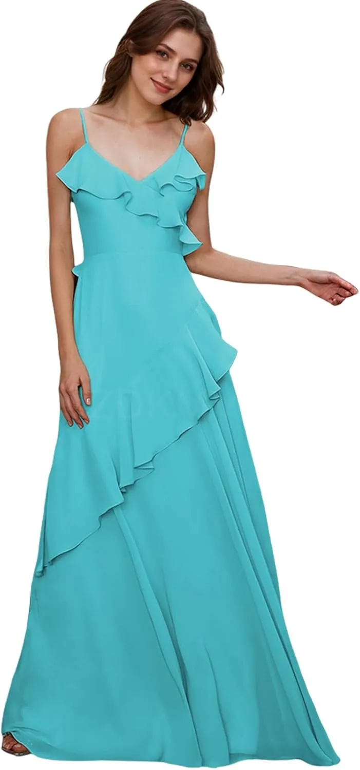 Chiffon Bridesmaid Dresses for Wedding 2025 Long Ruffles Spaghetti Straps Formal Dress 2025 LU134