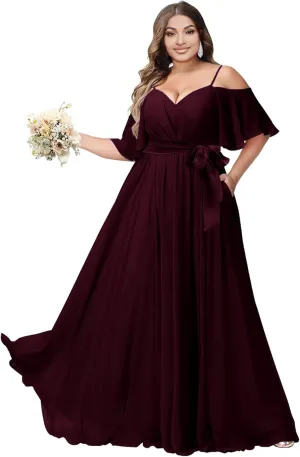 Chiffon Bridesmaid Dresses for Women 2025 Off Shoulder Spaghetti Straps A-Line Long Formal Dress with Slit