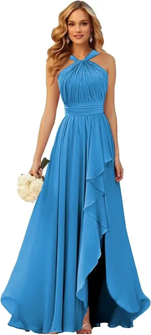 Chiffon Bridesmaid Dresses for Women Long Halter Pleated Ruffle Formal Evening Dress