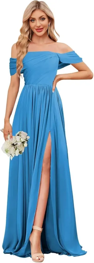 Chiffon Bridesmaid Dresses for Women Long Off The Shoulder Ruffle Ruched Formal Evening Gown with Slit