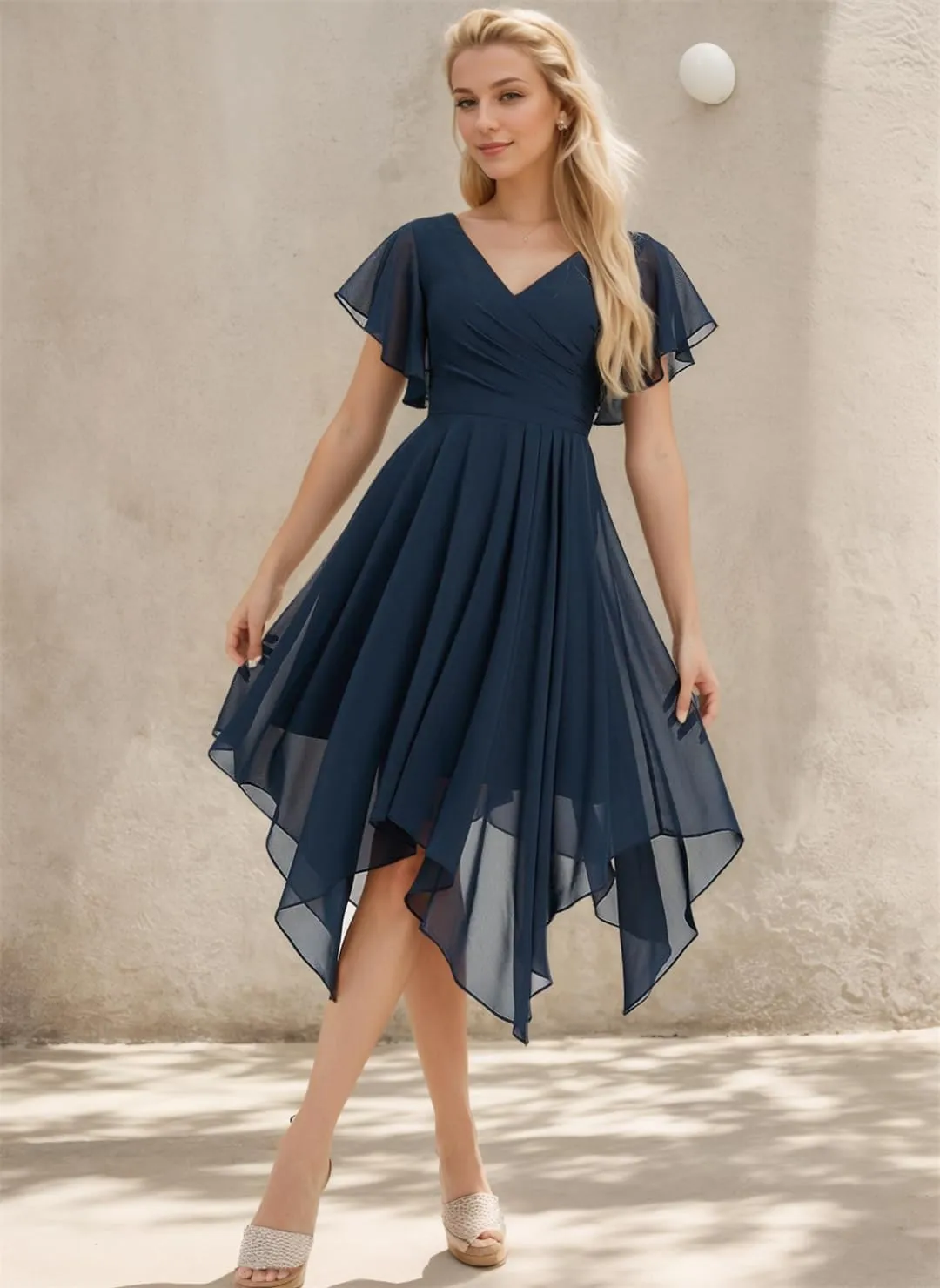 Chiffon Bridesmaid Dresses for Women Short Sleeve Formal Evening Party Gown Midi Wedding Guest Dress with Pockets