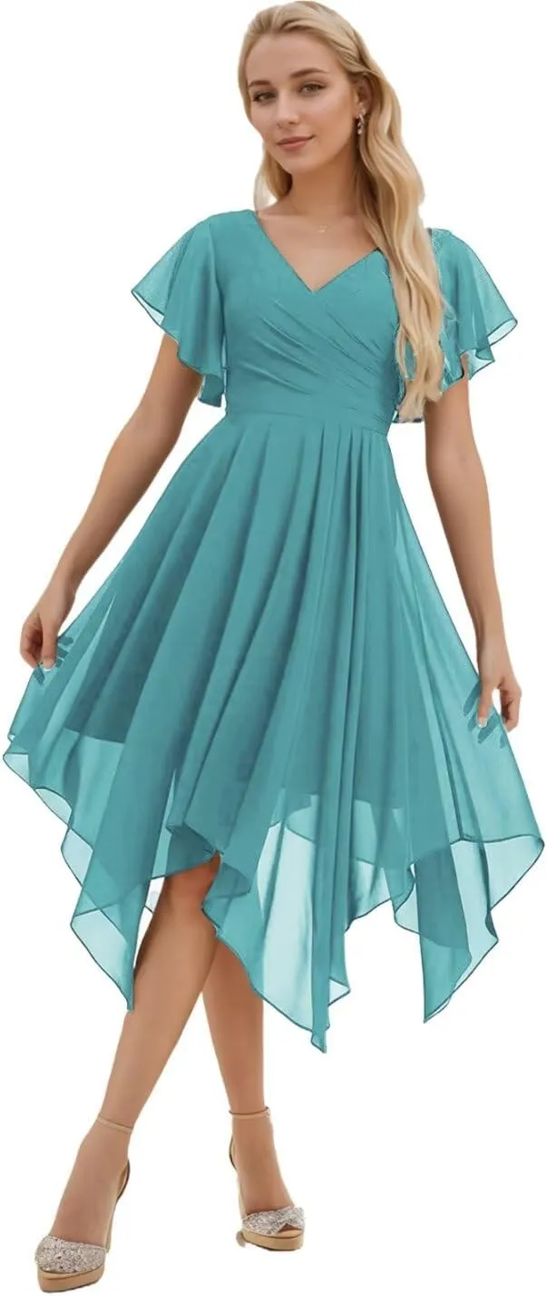 Chiffon Bridesmaid Dresses for Women Short Sleeve Formal Evening Party Gown Midi Wedding Guest Dress with Pockets