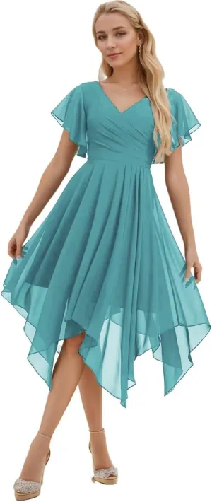 Chiffon Bridesmaid Dresses for Women Short Sleeve Formal Evening Party Gown Midi Wedding Guest Dress with Pockets