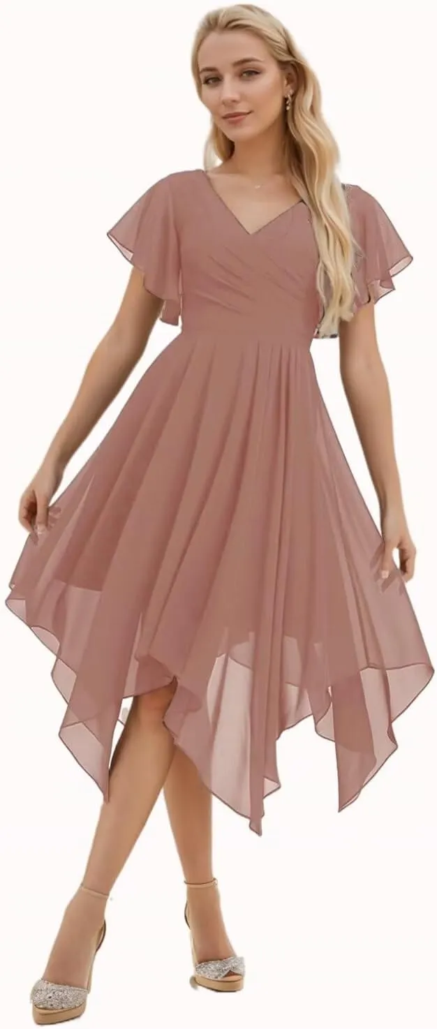 Chiffon Bridesmaid Dresses for Women Short Sleeve Formal Evening Party Gown Midi Wedding Guest Dress with Pockets