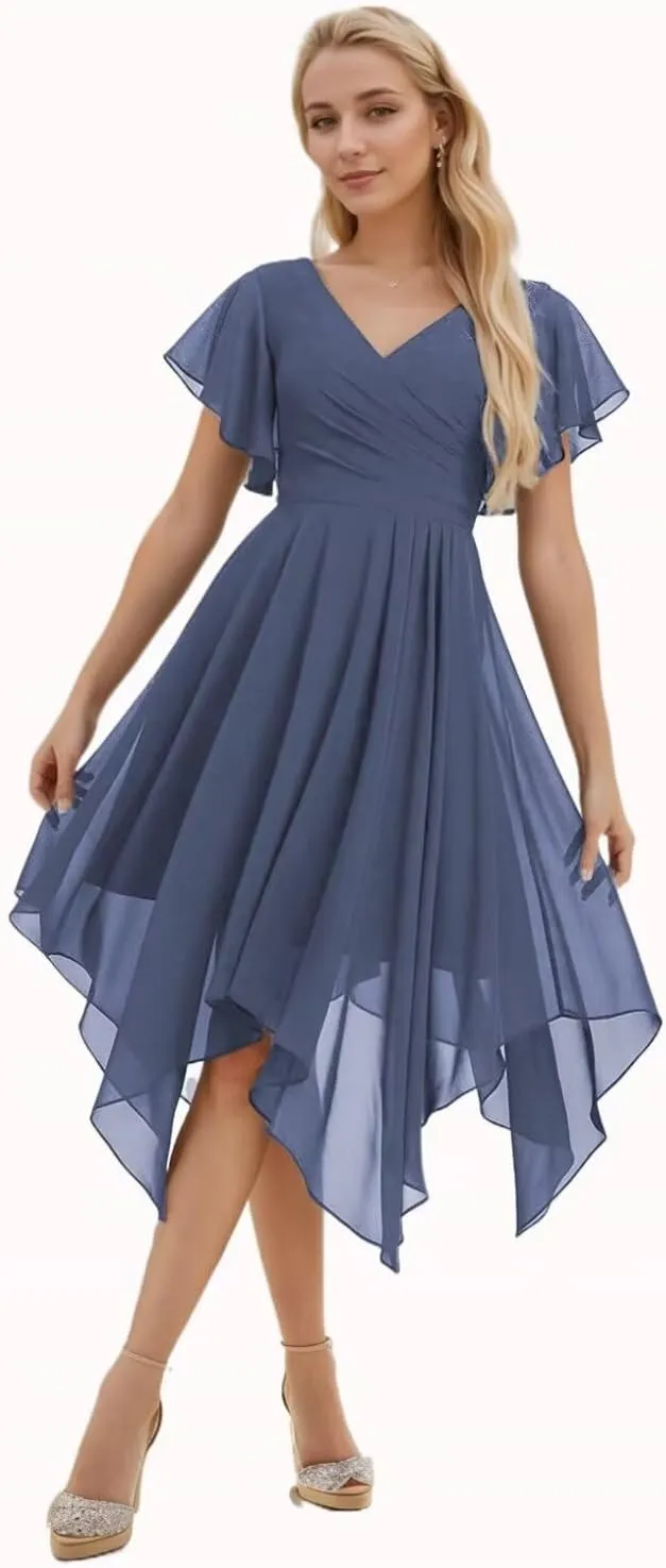 Chiffon Bridesmaid Dresses for Women Short Sleeve Formal Evening Party Gown Midi Wedding Guest Dress with Pockets