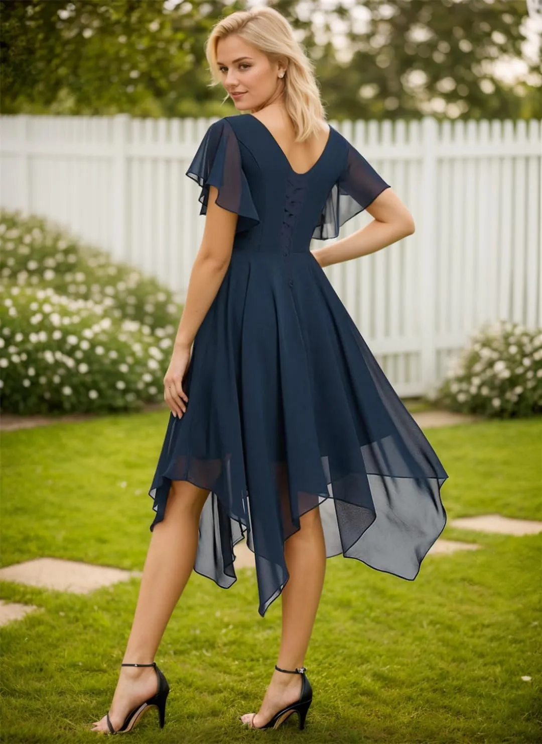 Chiffon Bridesmaid Dresses for Women Short Sleeve Formal Evening Party Gown Midi Wedding Guest Dress with Pockets