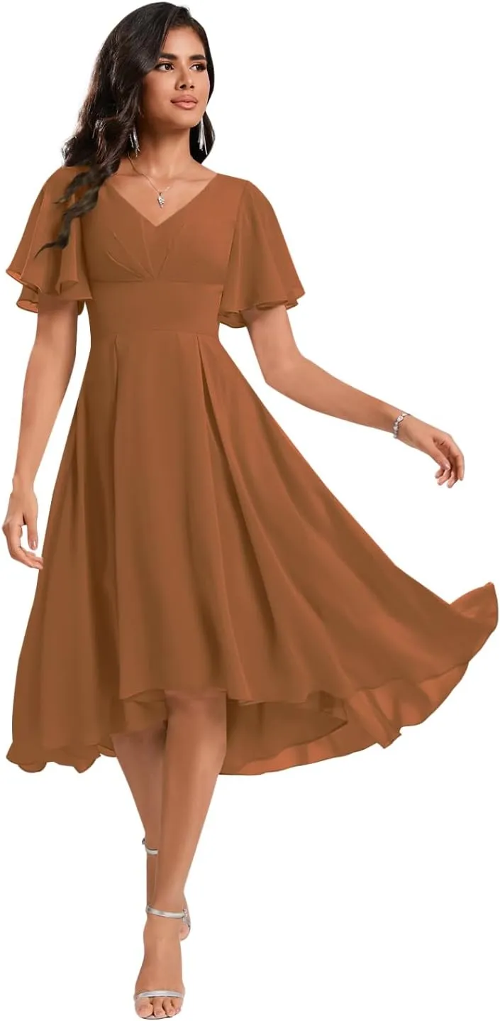 Chiffon Bridesmaid Dresses Short A-Line V Neck Asymmetrical Prom Dress for Women Formal Party Gowns with Pockets