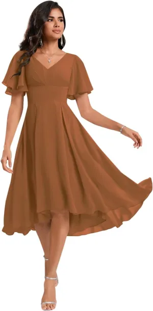 Chiffon Bridesmaid Dresses Short A-Line V Neck Asymmetrical Prom Dress for Women Formal Party Gowns with Pockets