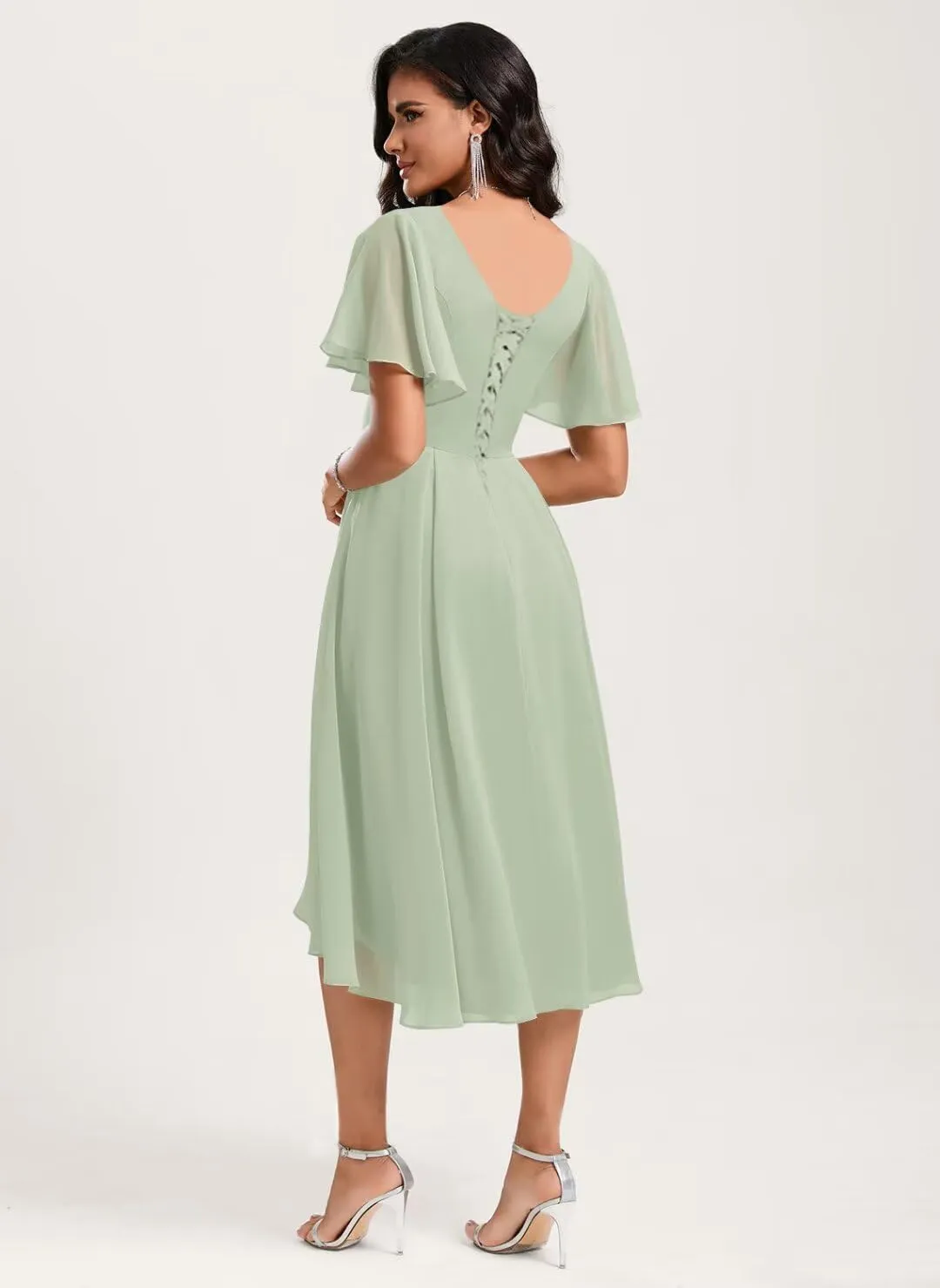 Chiffon Bridesmaid Dresses Short A-Line V Neck Asymmetrical Prom Dress for Women Formal Party Gowns with Pockets
