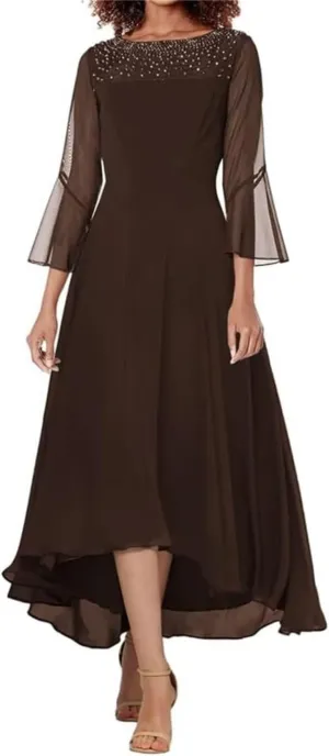 Chiffon Mother of The Bride Dresses 3/4 Sleeves Formal Dress for Women Beaded A line Prom Gown