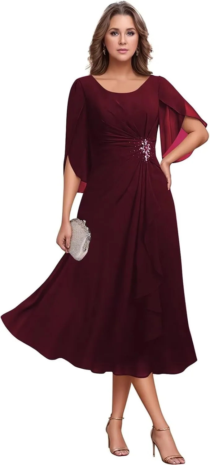 Chiffon Mother of The Bride Dresses Flutter Sleeves Bedded Formal Evening Party Gown