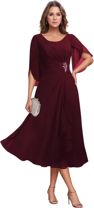 Chiffon Mother of The Bride Dresses Flutter Sleeves Bedded Formal Evening Party Gown