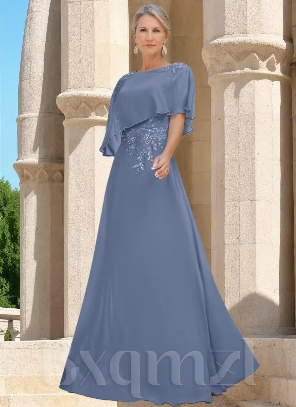 Chiffon Mother of The Bride Dresses for Women Round Neck Lace Applique Wedding Guest Dress