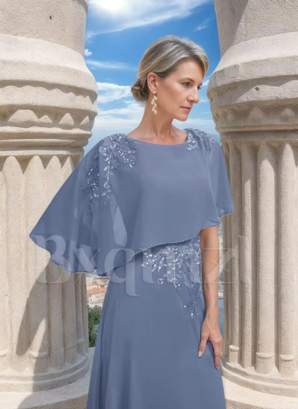 Chiffon Mother of The Bride Dresses for Women Round Neck Lace Applique Wedding Guest Dress