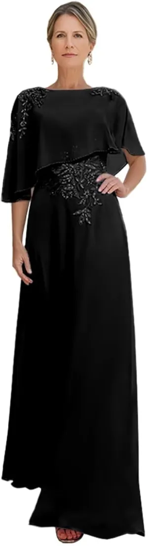 Chiffon Mother of The Bride Dresses for Women Round Neck Lace Applique Wedding Guest Dress