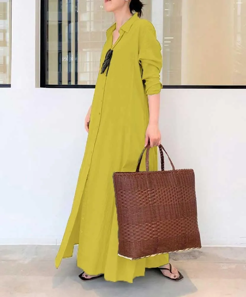 chouyatou Women's Basic Loose Fit Long Sleeve Button Up Maxi Shirt Dress with Pockets
