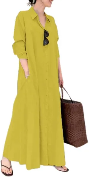 chouyatou Women's Basic Loose Fit Long Sleeve Button Up Maxi Shirt Dress with Pockets