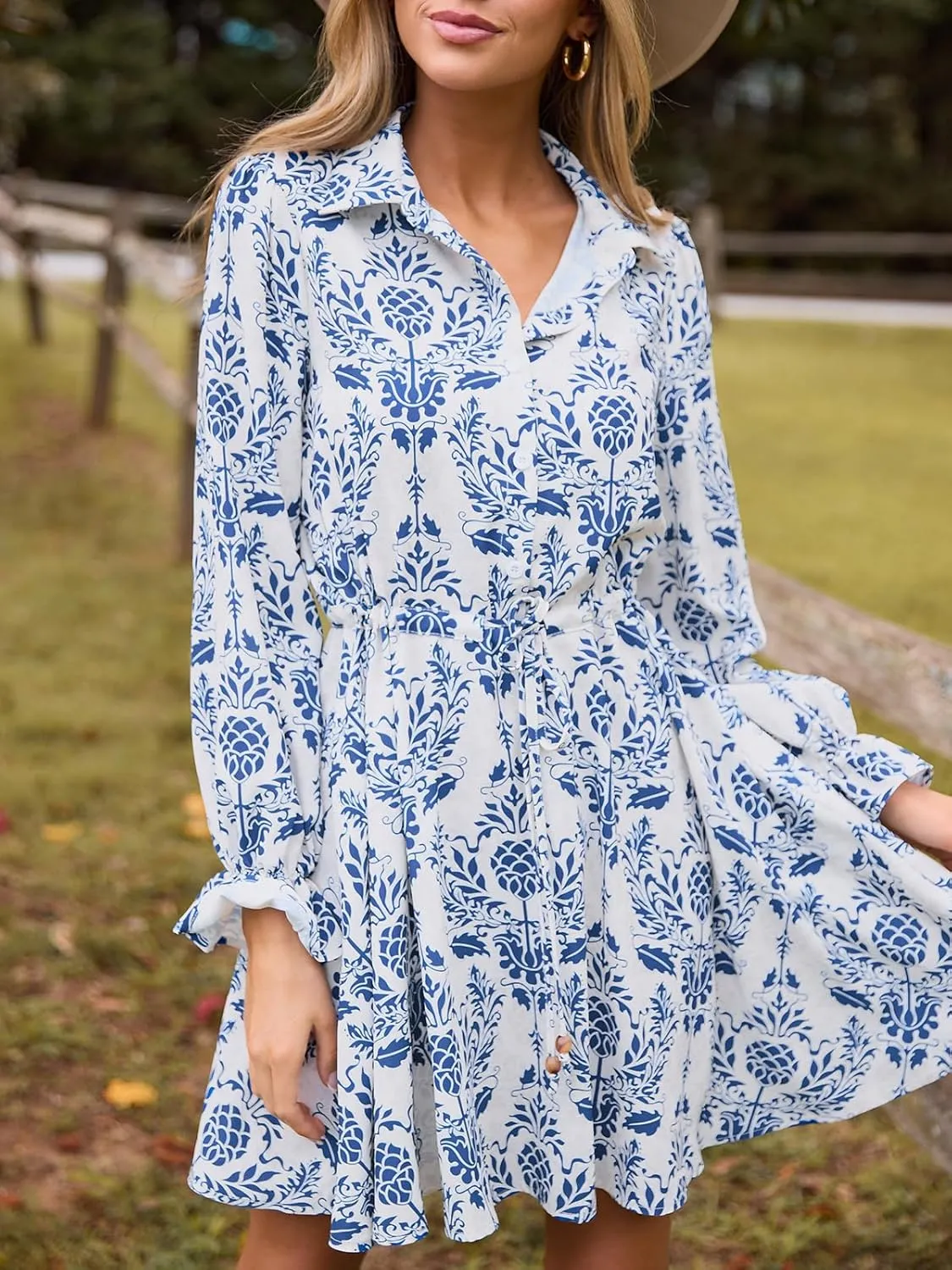 CUPSHE Paisley Mini Fall Dresses for Women Collared Neck Ruffle Long Poet Sleeve Front Button Up Waist Tie Autumn Dress