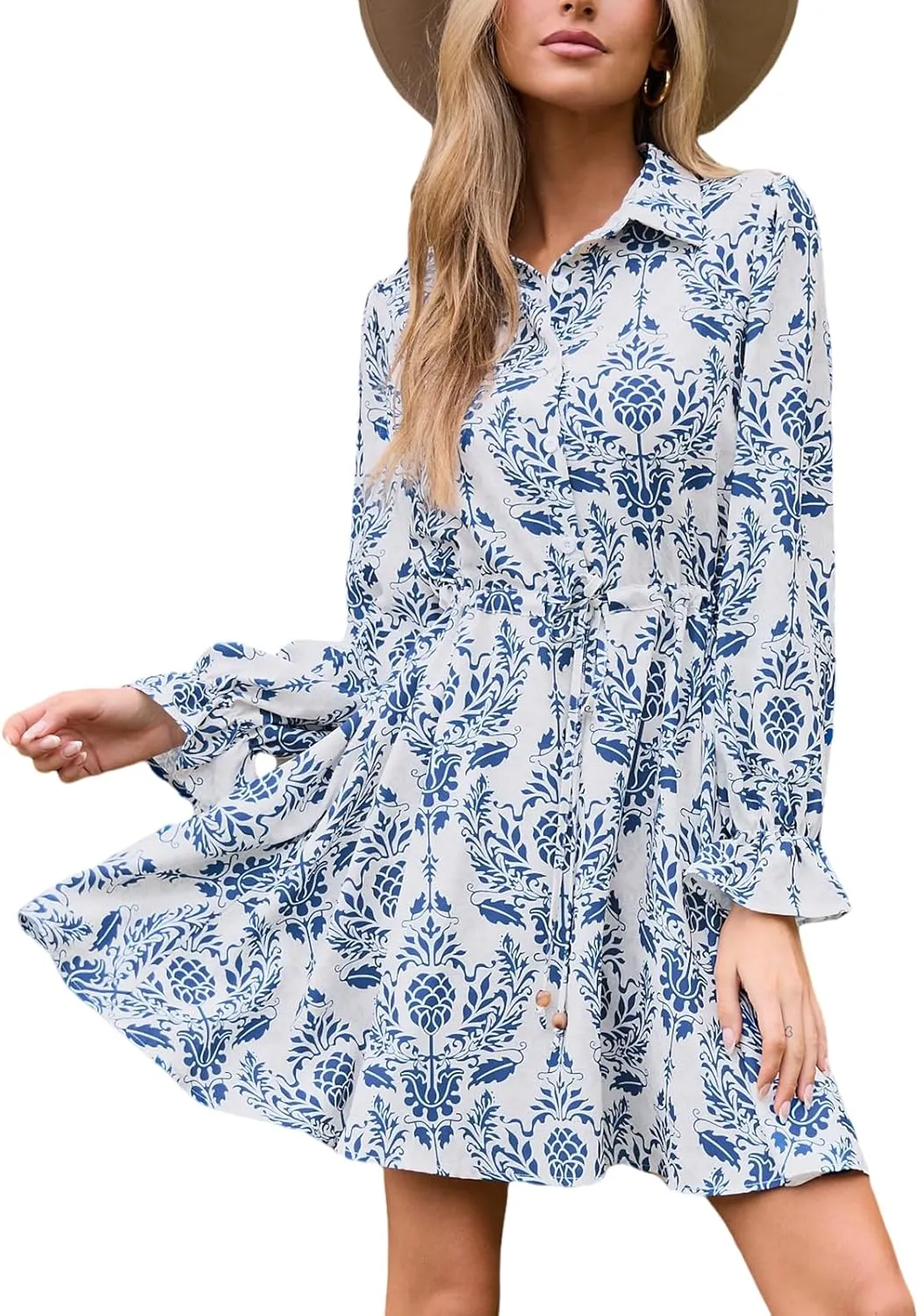 CUPSHE Paisley Mini Fall Dresses for Women Collared Neck Ruffle Long Poet Sleeve Front Button Up Waist Tie Autumn Dress
