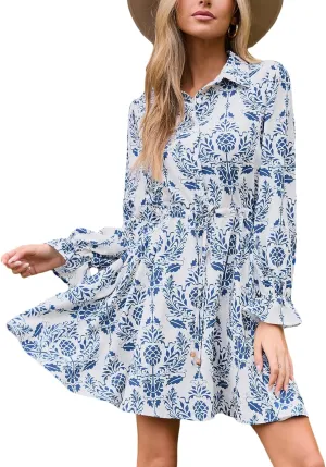 CUPSHE Paisley Mini Fall Dresses for Women Collared Neck Ruffle Long Poet Sleeve Front Button Up Waist Tie Autumn Dress