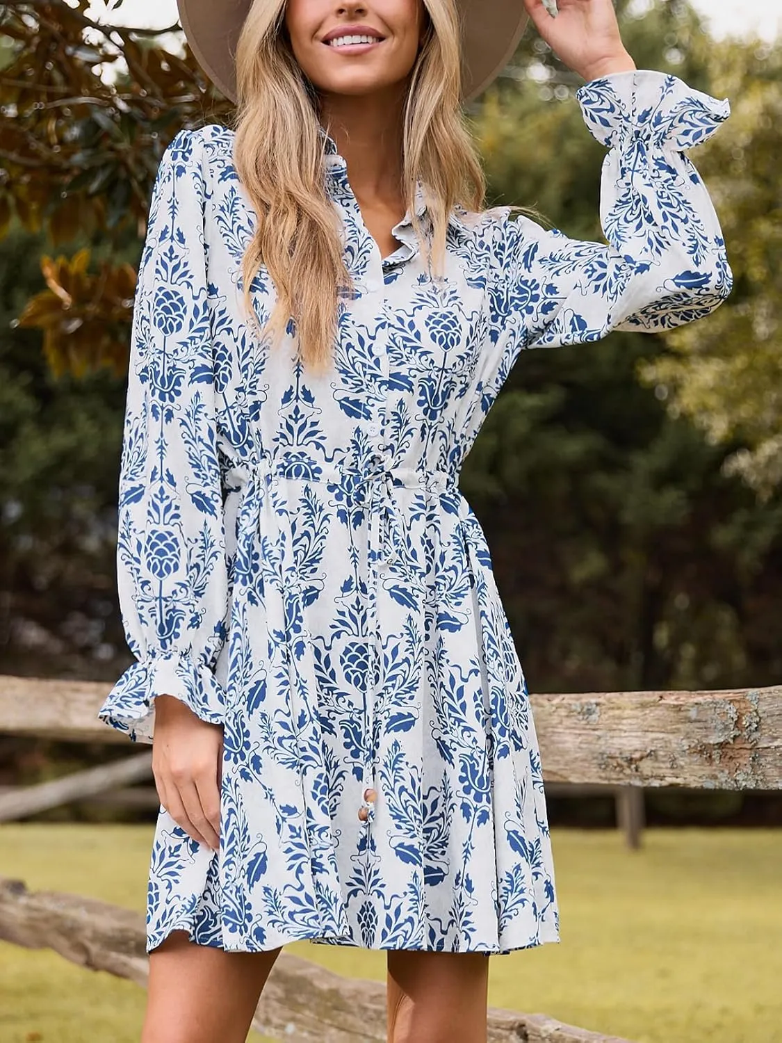 CUPSHE Paisley Mini Fall Dresses for Women Collared Neck Ruffle Long Poet Sleeve Front Button Up Waist Tie Autumn Dress