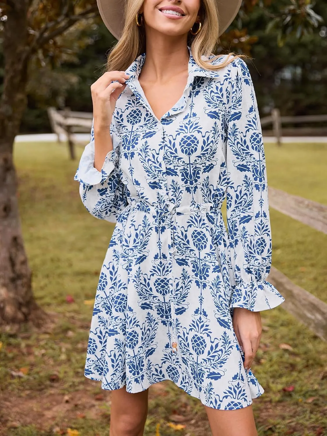 CUPSHE Paisley Mini Fall Dresses for Women Collared Neck Ruffle Long Poet Sleeve Front Button Up Waist Tie Autumn Dress