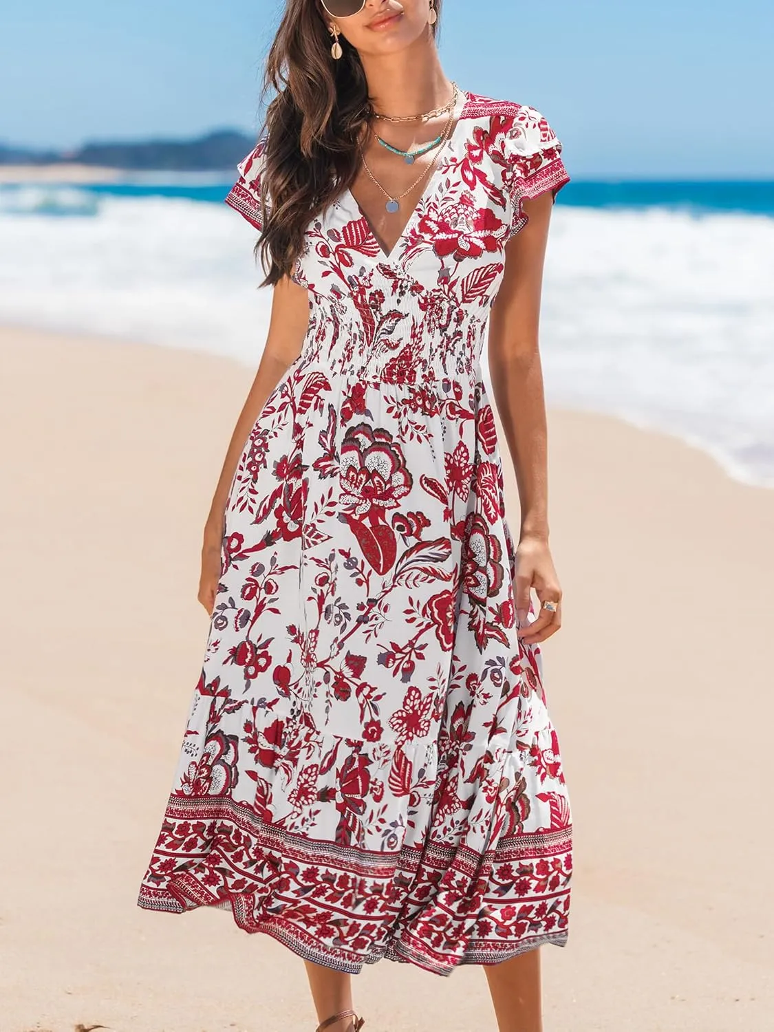 CUPSHE Women's Summer Dress Casual V Neck Floral Smocked Cap Sleeve Ruffled Vacation Midi Dress