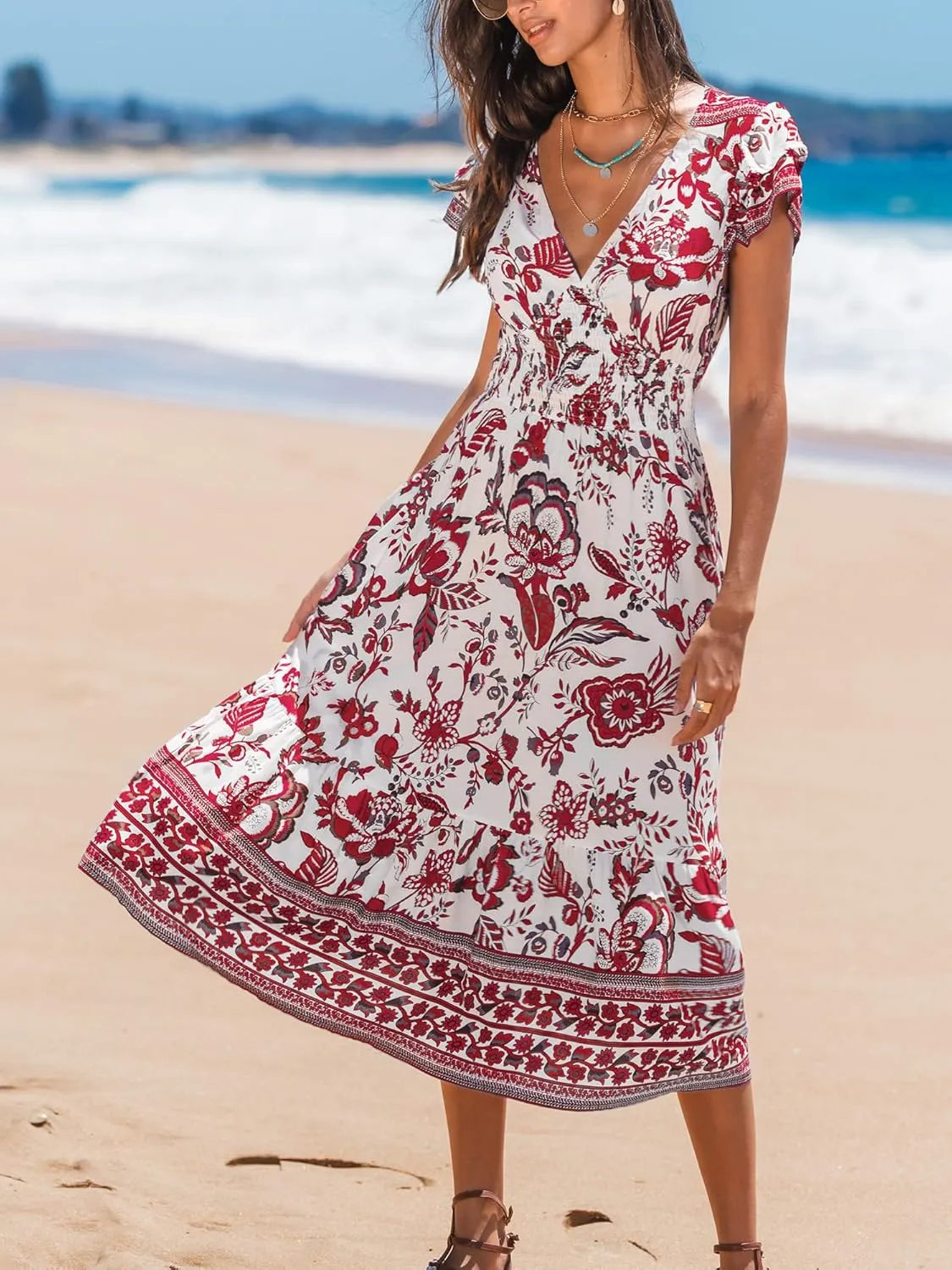 CUPSHE Women's Summer Dress Casual V Neck Floral Smocked Cap Sleeve Ruffled Vacation Midi Dress