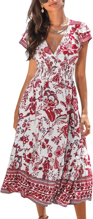 CUPSHE Women's Summer Dress Casual V Neck Floral Smocked Cap Sleeve Ruffled Vacation Midi Dress