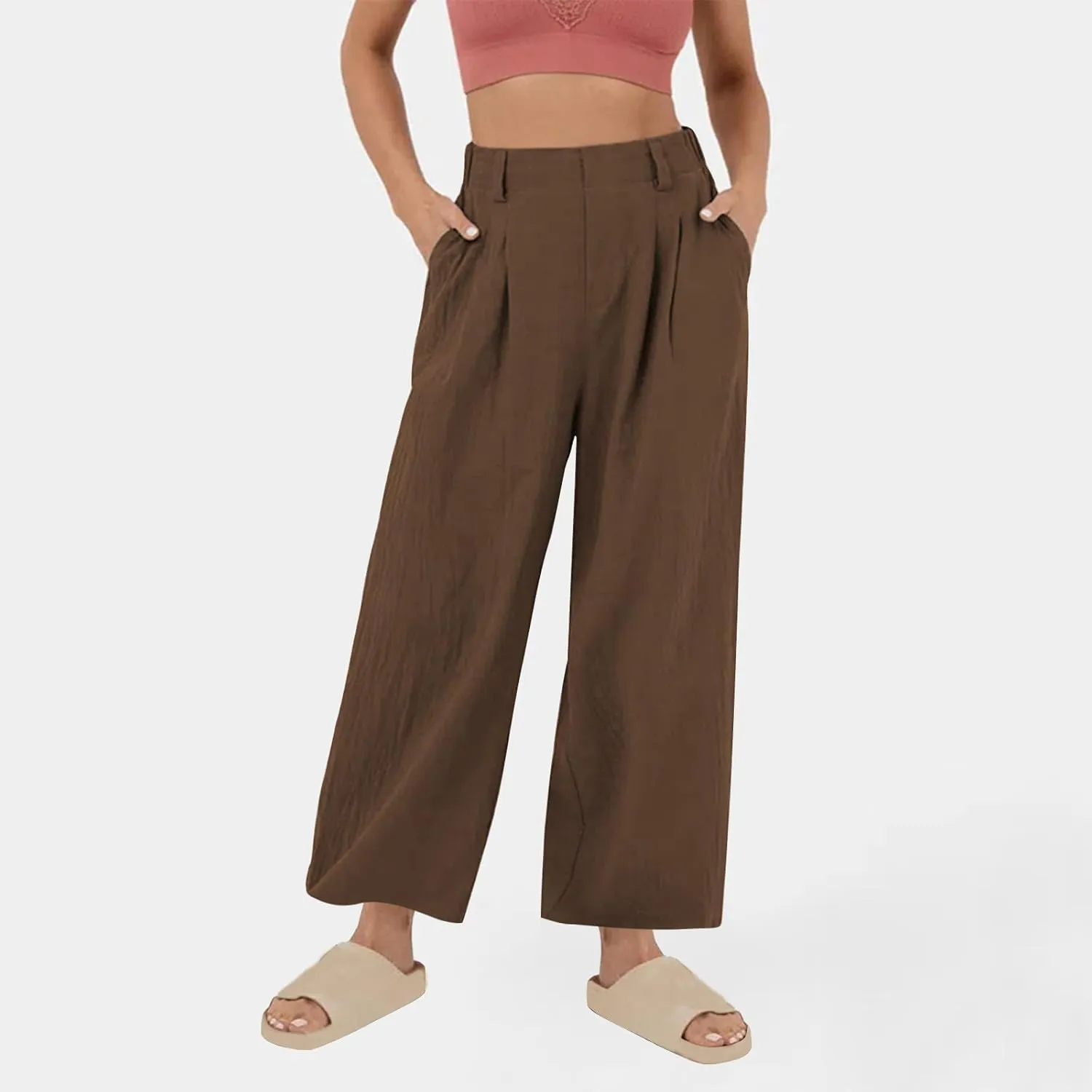 DASAYO Linen Pants for Women Dressy Casual High Waisted Cropped Palazzo Ladies Wide Leg Trousers with Pockets Summer Clothes