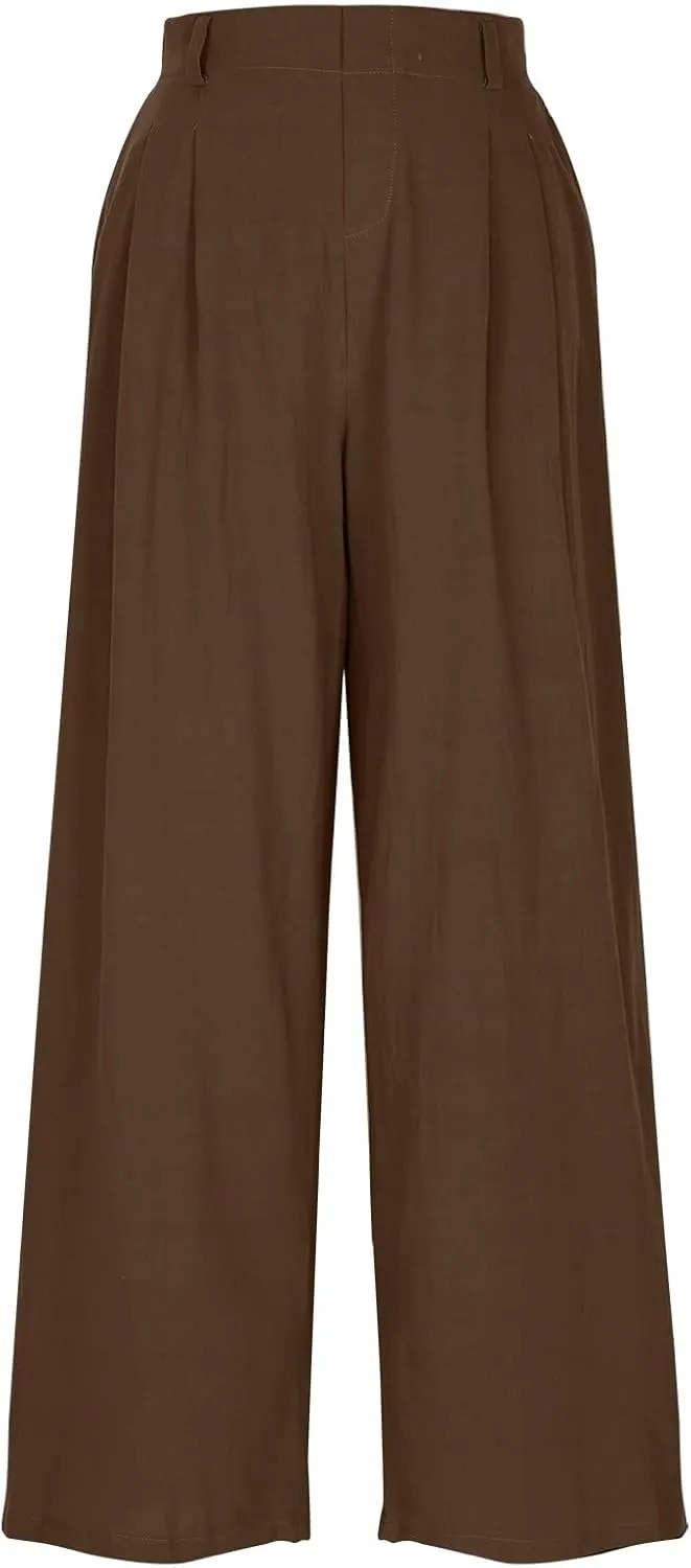DASAYO Linen Pants for Women Dressy Casual High Waisted Cropped Palazzo Ladies Wide Leg Trousers with Pockets Summer Clothes