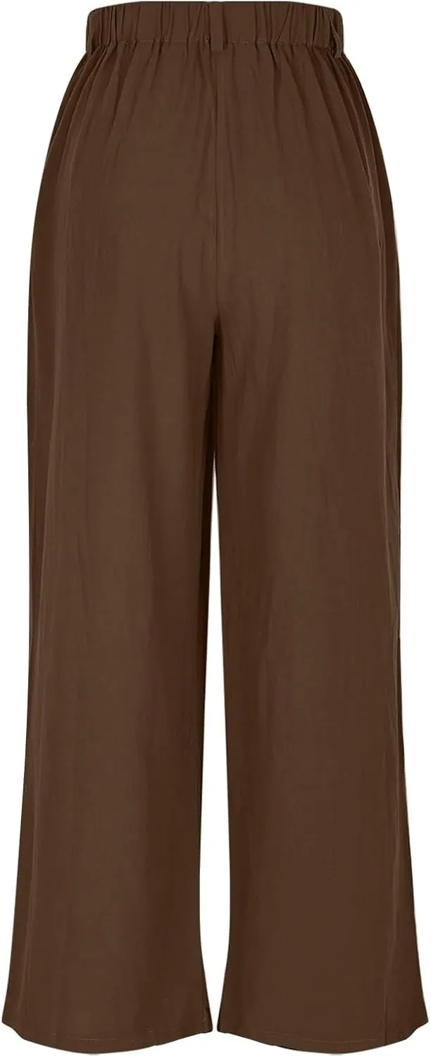 DASAYO Linen Pants for Women Dressy Casual High Waisted Cropped Palazzo Ladies Wide Leg Trousers with Pockets Summer Clothes