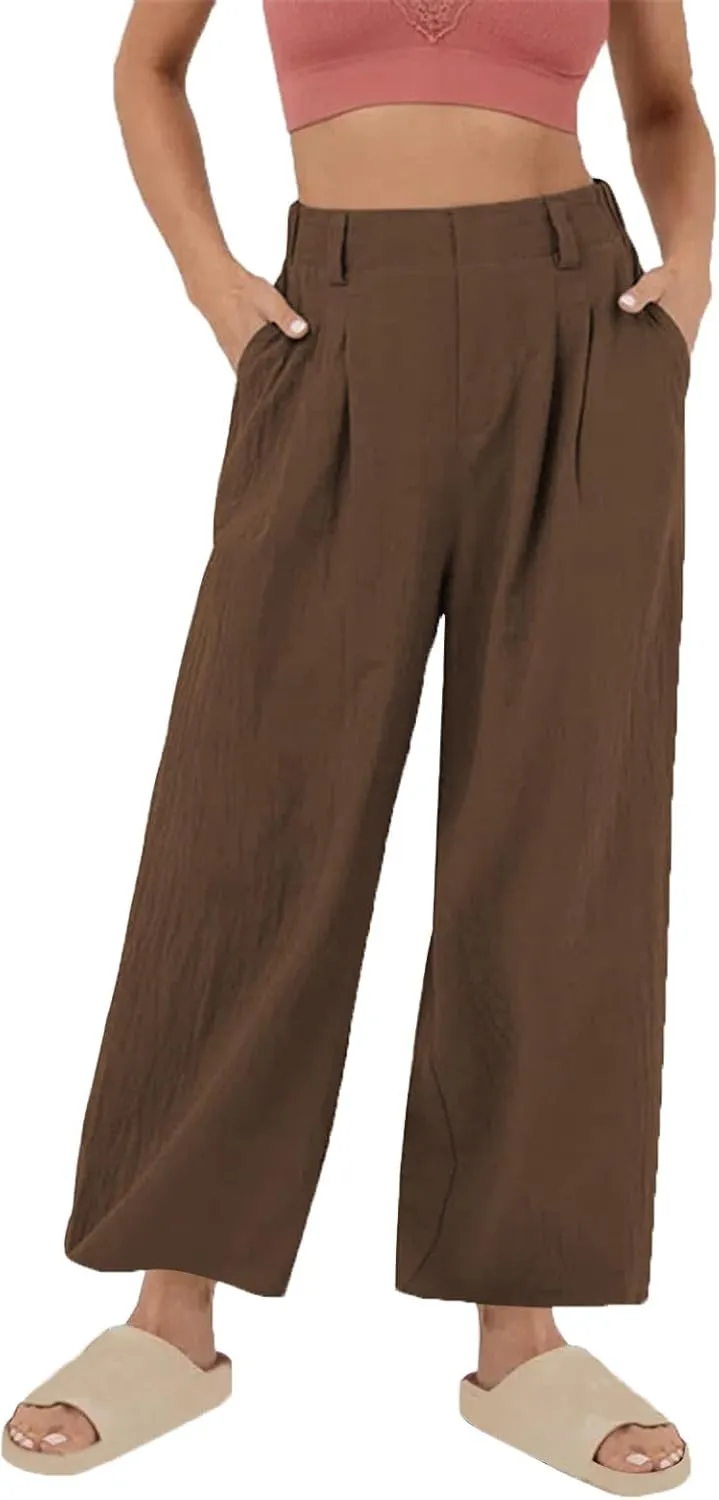 DASAYO Linen Pants for Women Dressy Casual High Waisted Cropped Palazzo Ladies Wide Leg Trousers with Pockets Summer Clothes