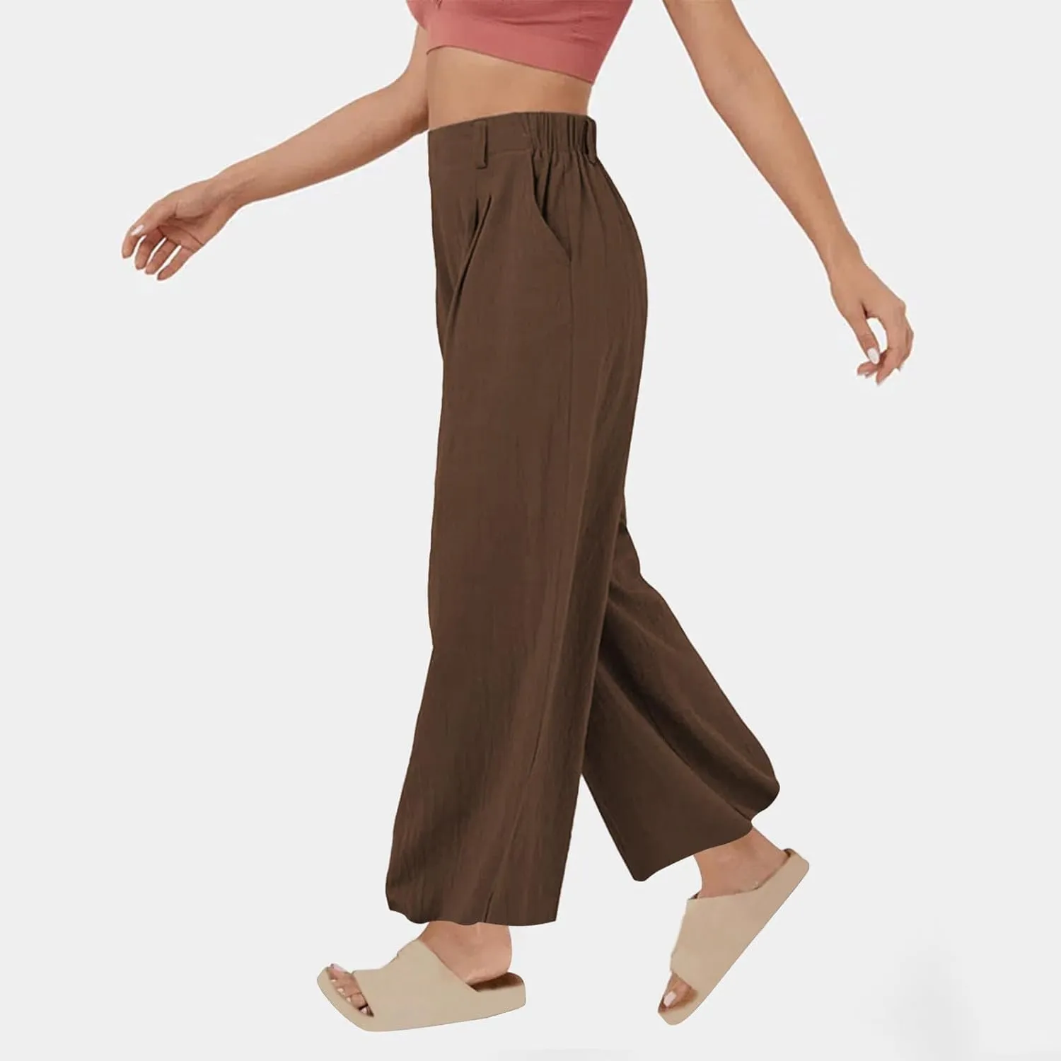 DASAYO Linen Pants for Women Dressy Casual High Waisted Cropped Palazzo Ladies Wide Leg Trousers with Pockets Summer Clothes