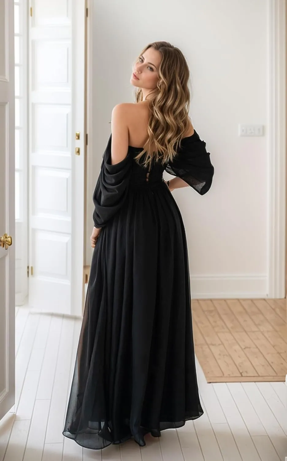 Dexinyuan Women's Chiffon Bridesmaid Dresses for Wedding Off The Shoulder Formal Evening Gowns with Slit