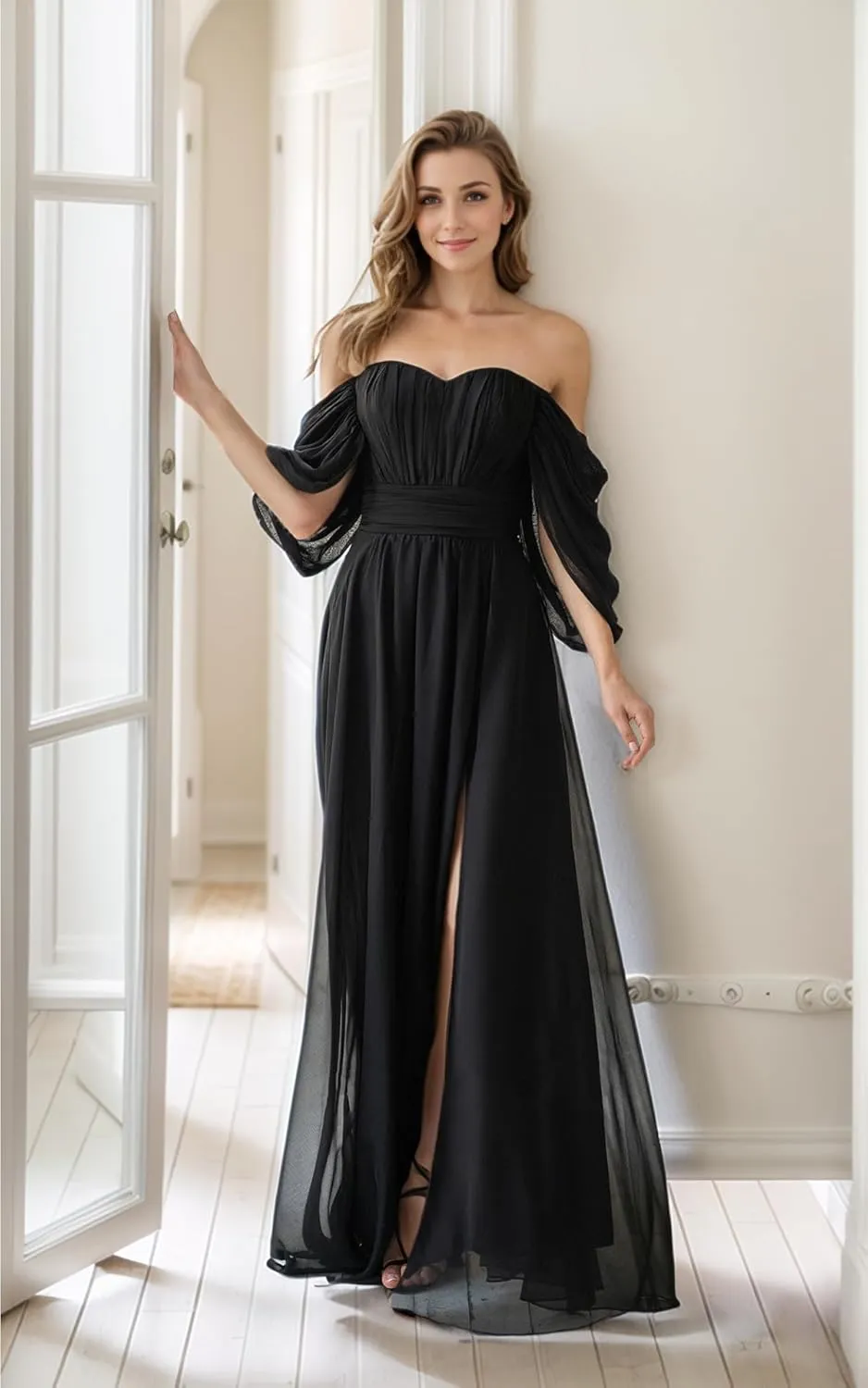 Dexinyuan Women's Chiffon Bridesmaid Dresses for Wedding Off The Shoulder Formal Evening Gowns with Slit
