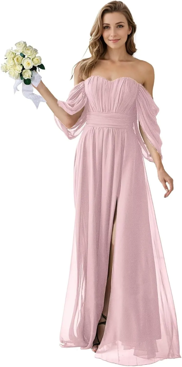 Dexinyuan Women's Chiffon Bridesmaid Dresses for Wedding Off The Shoulder Formal Evening Gowns with Slit