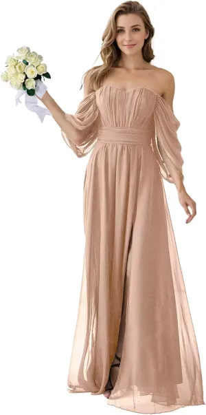Dexinyuan Women's Chiffon Bridesmaid Dresses for Wedding Off The Shoulder Formal Evening Gowns with Slit