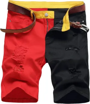 DGHM-JLMY Men Stretch Ripped Slim Fit Spliced Denim Shorts Fashion Colorblock Hip Hop Jean Shorts Frayed Straight Jean Short