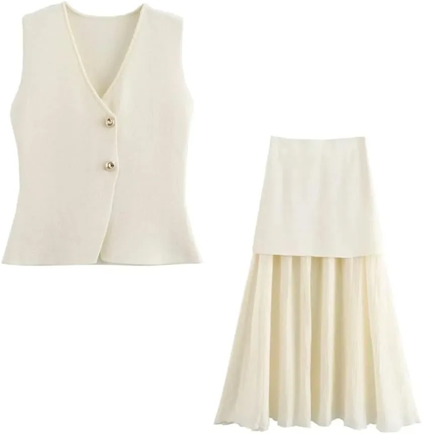 Dndrdhfb Women Two Piece Sets Solid Buttons Knit Waistcoat And High Elastic Waist Pleated Midi Skirt